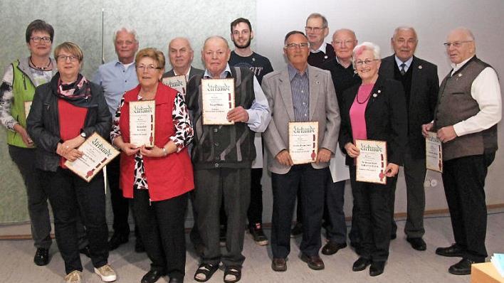Michael Persang (3. v. l.) zeichnete die langjährigen Mitglieder aus. Foto: Richard Sänger