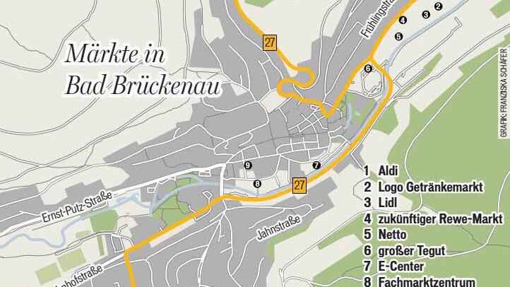 Sechs klassische Lebensmittelmärkte gibt es schon in Bad Brückenau. Rewe wäre der siebte. Grafik: Franziska Schäfer