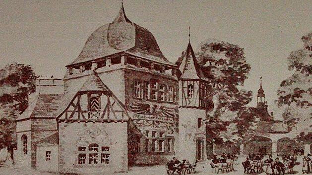 Kulmbacher Biertempel 1896 in Nürnberg: Der beherrschende Bau war dem Christiansportal auf der Plassenburg nachempfunden, der Haupteingang der Rokokofassade des Rathauses.