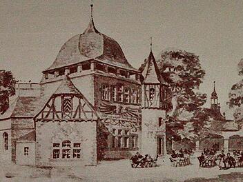 Kulmbacher Biertempel 1896 in Nürnberg: Der beherrschende Bau war dem Christiansportal auf der Plassenburg nachempfunden, der Haupteingang der Rokokofassade des Rathauses.