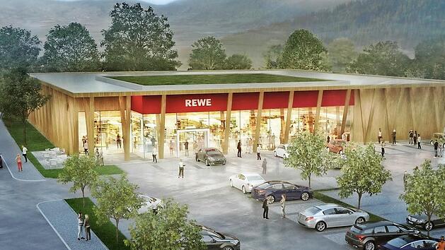 Der Discounter Aldi soll diesem neuen Rewe-Einkaufsmarkt weichen.  Grafiken: Sontowski & Partner