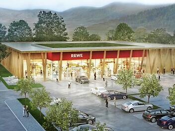 Der Discounter Aldi soll diesem neuen Rewe-Einkaufsmarkt weichen.  Grafiken: Sontowski & Partner