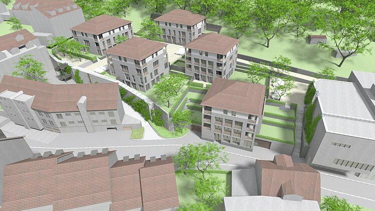 So ähnlich wie auf dieser Animation könnte die Neubebauung des Brauhofs aussehen. Die Einfahrt zur Tiefgarage erfolgt vorne über den Hahnweg. Rechts im Bild das "Utopolis".  Foto: Ackers Partner Städtebau, Braunschweig, 2010