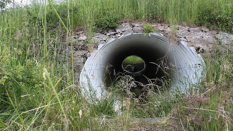 Durch diesen Wasserdurchlass unter der B 286 schoss vor einer Woche bei den starke Regenfällen so viel Wasser, dass der anschließende Graben mit der Ableitung überfordert war und ein etwas tiefer liegender Kfz-Betrieb geflutet wurde. Foto: Thomas Ahnert