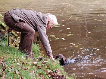 Roswitha Eckstein trainiert mit ihrem Hund die Wasserarbeit. Foto: Rainer Lutz