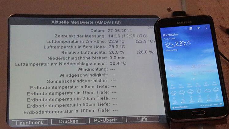 Die Wetterstation und das Handy sind sich einig: 23 Grad.