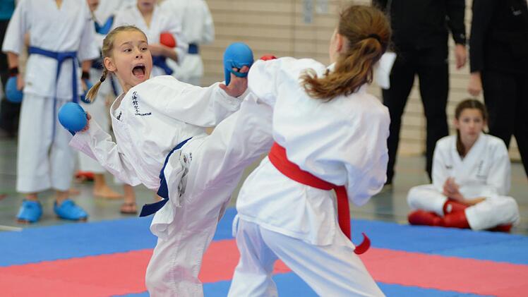Die Forchheimerin Livia Lowry (li.) mit perfektem Karateschlag "Mawashi Geri" zum Kopf der Gegnerin Nina Lifinzew aus Marktredwitz.       Foto: privat