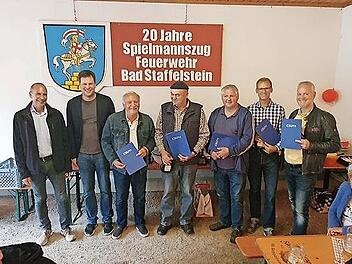 Bei den Ehrungen (von links) Landrat Christian Meißner, Holger Then, Peter Essmeyer, Roland Baumann, Engelbert Lieb, Jochen Pfeiffer, Ralph Fischer