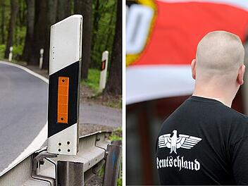 Kreis Kitzingen: Hakenkreuz aus Leitpfosten auf Stra&szlig;e