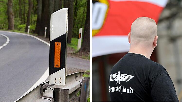 Kreis Kitzingen: Hakenkreuz aus Leitpfosten auf Stra&szlig;e