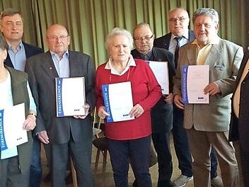 Die Geehrten und Honoratioren (von links): Waltraude Geier, Kreisvorsitzender Peter Eismann, Eduard Rascher, Helga Wunderlich, Nikolaus Saam, Bernhard Bayer, Rolf Karl und Vorsitzender Georg Schmitt Foto: privat