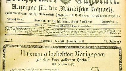 Huldigung des bayerischen Königspaares auf der Titelseite des Forchheimer Tagblatts - ganz oben der Bahnhof Forchheim Repros: Manfred Franze