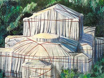 Die Illustration aus dem Jahr 1998 zeigt das Festspielhaus wie von Christo eingepackt. Vorlage: © Karlheinz Beer/VG Bild-Kunst