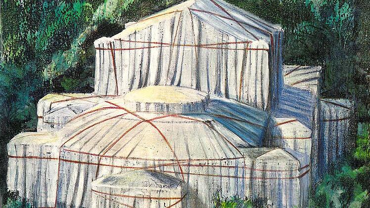 Die Illustration aus dem Jahr 1998 zeigt das Festspielhaus wie von Christo eingepackt. Vorlage: © Karlheinz Beer/VG Bild-Kunst