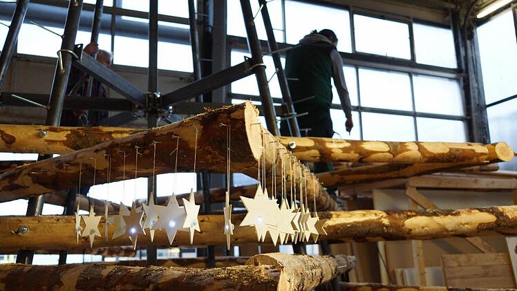 In der Halle der Holzgruppe der Lebenshilfe montieren die Beschäftigten der Werkstatt den Weihnachtsbaum vor. Foto: Guzy