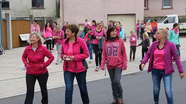 Etwa 40 Frauen und Mädchen aus Wermerichshausen marschierten beim Pinklauf  rund um Wermerichshausen mit. Foto: Dieter Britz