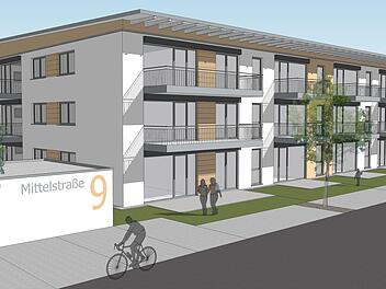 So wird der Neubau in der Mittelstraße einmal aussehen. Es entstehen insgesamt 18 Wohnungen auf einem 1925 Quadratmeter großen Grundstück. Die Wohnungsgrößen liegen zwischen 60 und 85 Quadratmeter, Schwerpunkt sind Single-Wohnungen. Alle sollen barrierefrei erreichbar sein und über Balkon oder Terrasse verfügen.  Repro: K.- H. Hofmann
