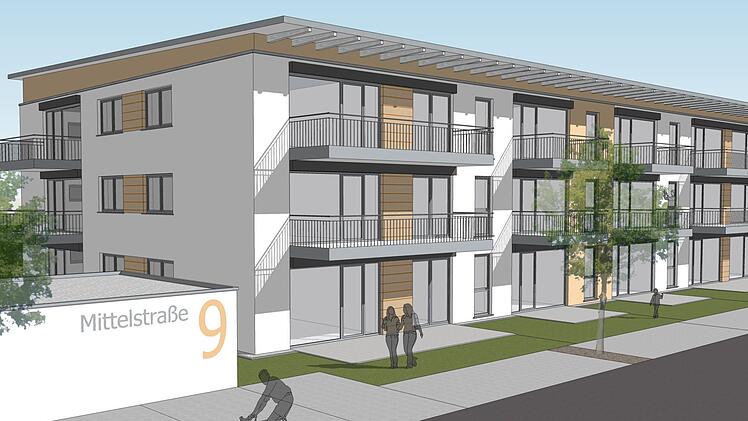 So wird der Neubau in der Mittelstraße einmal aussehen. Es entstehen insgesamt 18 Wohnungen auf einem 1925 Quadratmeter großen Grundstück. Die Wohnungsgrößen liegen zwischen 60 und 85 Quadratmeter, Schwerpunkt sind Single-Wohnungen. Alle sollen barrierefrei erreichbar sein und über Balkon oder Terrasse verfügen.  Repro: K.- H. Hofmann