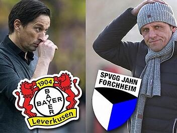 Wurden beide am Sonntag entlassen: Roger Schmidt (l.) bei Bayer Leverkusen, Michael Hutzler (r.) bei der SpVgg Jahn Forchheim. Kurioserweise ähneln sich die beiden Pressemitteilungen nahezu bis aufs Wort.  Fotos: dpa, Sportfoto Zink