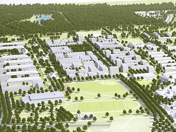 Ein grüner neuer Stadtteil: So soll die Panzerkaserne nach dem Plan von Morpho-Logic aussehen. Im Vordergrund: der neue Ostpark, am Bildrand der Landschaftspark zum Hauptsmoorwald.