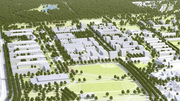 Ein grüner neuer Stadtteil: So soll die Panzerkaserne nach dem Plan von Morpho-Logic aussehen. Im Vordergrund: der neue Ostpark, am Bildrand der Landschaftspark zum Hauptsmoorwald.