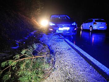 Am Montagabend sind zwei Autos in einen vorsätzlich gefällten Baum bei Gößweinstein geprallt. Bereits Anfang Dezember wurde wenige Kilometer entfernt ein Baum an einer Straße angesägt. Foto: NEWS5 / Merzbach