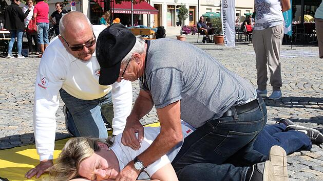 Alois Kreml (rechts) bringt BRK-Mitarbeiterin Simone Gilley in die stabile Seitenlage. Rettungsassistent Harald Krumpholz erkl&auml;rt die dazu notwendigen Handgriffe. Foto: Michael Will/BRK