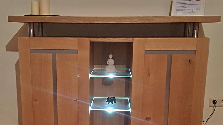 Dieses Sideboard aus Eiche massiv mit Edelstahlapplikationen in den Füllungen und mit Glaskantenbeleuchtung ist das Gesellenstück von Selina Lassmann. Foto: Selina Lassmann