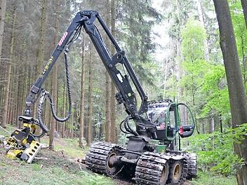 Ein sogenannter Harvester (englisch "harvest"= Ernte) bei Arbeiten im Wald: Damit er nicht zu tief in den Boden einsinkt, sind Kettenbänder aufgezogen. Das Bild zeigt nicht die im Artikel beschriebenen Arbeiten im Nordsteigerwald, sondern dient der Veranschaulichung. Nach Angaben des Forstbetriebs Ebrach war der von ihnen eingesetzte Harvester mit bodenschonenden Moorbändern bestückt. Foto: Rainer Lutz/Archiv