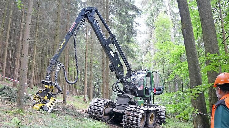 Ein sogenannter Harvester (englisch "harvest"= Ernte) bei Arbeiten im Wald: Damit er nicht zu tief in den Boden einsinkt, sind Kettenbänder aufgezogen. Das Bild zeigt nicht die im Artikel beschriebenen Arbeiten im Nordsteigerwald, sondern dient der Veranschaulichung. Nach Angaben des Forstbetriebs Ebrach war der von ihnen eingesetzte Harvester mit bodenschonenden Moorbändern bestückt. Foto: Rainer Lutz/Archiv
