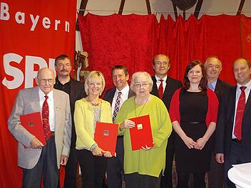 Langjährige SPD-Mitglieder geehrt (v. l.): Walter Seiffert, Ortsvereinschef Alexander Gröger, Edith Marr, Norbert Gräbner, Brunhilde Lorenz, Kreischef Ralf Pohl, stellvertretende Juso-Bezirkschefin Stefanie Gröger, Hans-Jürgen Schmitt und Stadtverbandsvorsitzender Ralf Völkl.  Foto: Heike Schülein