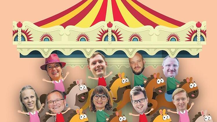 Das Kandidatenkarussell zur Oberbürgermeisterwahl besetzen (oben von links) Daniela Reinfelder (BuB), Jonas Glüsenkamp (Grünes Bamberg), Fabian Dörner (Die Partei), Martin Pöhner (FDP), (unten von links) Claudia John (FW), Andreas Starke (SPD), Ursula Redler (BA), Christian Lange (CSU) und Hans-Günter Brünker (Volt). Fotos: Archiv Grafik: marrishuanna/adobestock.com, Micho Haller