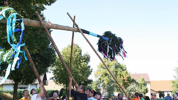 Knapp 45 Minuten brauchten die Neuhauser Kerwasburschen zum Aufstellen ihrer geschmüchten Fichte. Foto: Sonja Werner