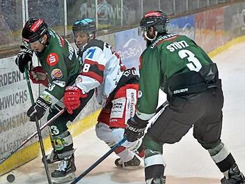 Alligators-Stürmer Jari Neugebauer (links) verteidigt den Puck gegen den Landshuter Luca Zitterbart, Verteidiger Richard Stütz unterstützt seinen Teamkameraden.  Foto: Picturedreams