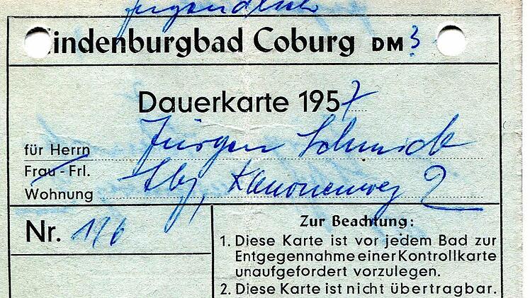Die Dauerkarte fürs Coburger Hindenburgbad aus dem Jahre 1957