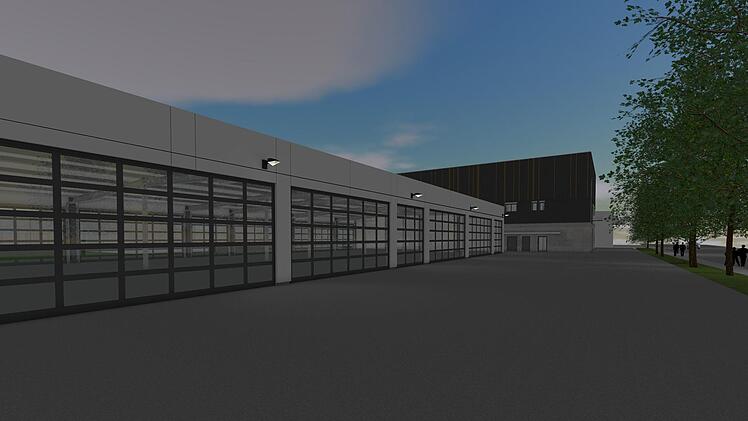 Computersimulation der geplanten neuen Fahrzeughalle des CEB in CoburgAbbildung: ArchiViva