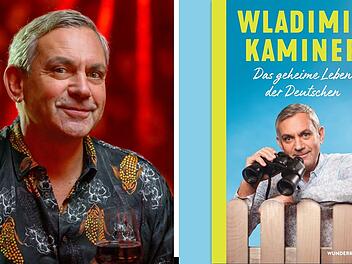 Das Bild zeigt links eine Person mit Blumenhemd und einem Glas. Rechts ist ein Buchcover mit derselben Person, die durch ein Fernglas schaut. Titel: &bdquo;Das geheime Leben der Deutschen&ldquo;.