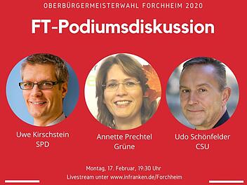 Am Montag, 17. Februar, ab 19.30 Uhr diskutieren die Forchheimer OB-Kandidaten Uwe Kirschstein (SPD), Annette Prechtel (FGL) und Udo Schönfelder (CSU).