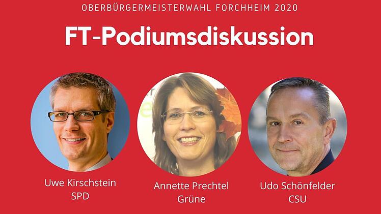 Am Montag, 17. Februar, ab 19.30 Uhr diskutieren die Forchheimer OB-Kandidaten Uwe Kirschstein (SPD), Annette Prechtel (FGL) und Udo Schönfelder (CSU).