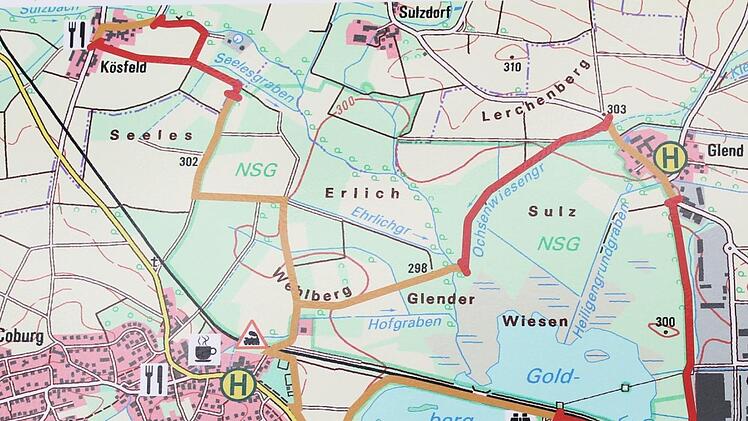 Der Wanderweg C1 ist orange markiert, startet am See-Parkplatz und führt über Glend nach Kösfeld. Die rot eingezeichneten Abschnitte sollten Rollstuhlfahrer nur mit Begleitung fahren. Karte: Thüringerwald-Verein Coburg