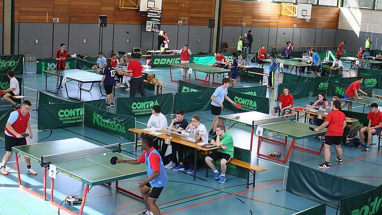 Einer großen Tischtennis-Arena glich die Haßfurter Dreifachturnhalle am Mittwoch. Auf zwölf Platten wurden die mittlerweile 30. Unterfränkischen Tischtennis-Meisterschaften der Förderzentren mit Förderschwerpunkt geistige Entwicklung durchgeführt. Seit drei Jahrzehnten ist der Wettbewerb ein tolles Ereignis. Fotos: Ralf Naumann