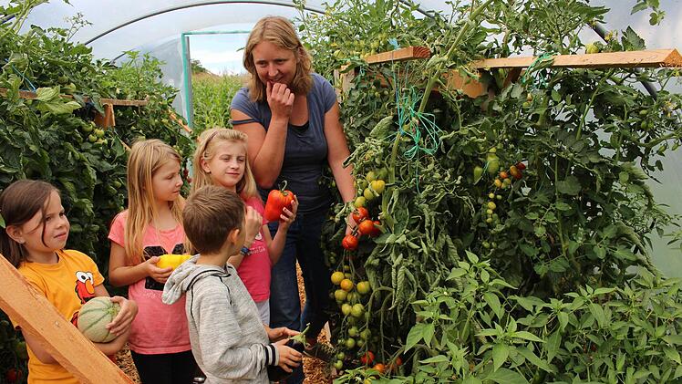 Tina Sickmüller mit den Kindern bei der Ernte im Gewächshaus