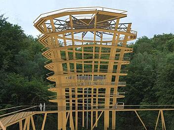 F&uuml;r Ebrach mit seinem vielf&auml;ltigen Naturerbe bedeutet der 40 Meter hohe Baumwipfelpfad (hier ein Entwurf des Architekten Josef St&ouml;ger) eine gro&szlig;e Attraktion. Doch selbstverst&auml;ndlich ist der Publikumserfolg auf Dauer nicht - ohne werbewirksames Zugpferd wie einen Nationalpark- oder Weltnaturerbe-Titel.