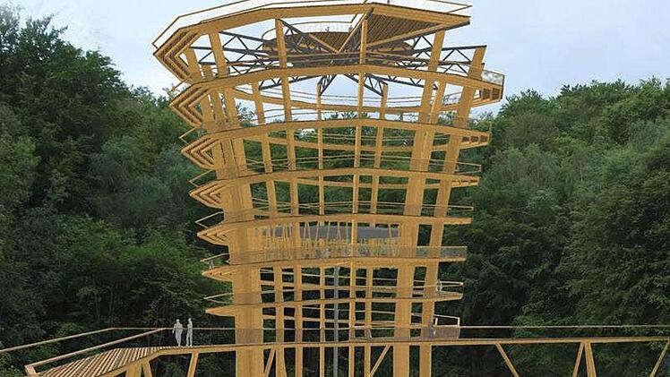 F&uuml;r Ebrach mit seinem vielf&auml;ltigen Naturerbe bedeutet der 40 Meter hohe Baumwipfelpfad (hier ein Entwurf des Architekten Josef St&ouml;ger) eine gro&szlig;e Attraktion. Doch selbstverst&auml;ndlich ist der Publikumserfolg auf Dauer nicht - ohne werbewirksames Zugpferd wie einen Nationalpark- oder Weltnaturerbe-Titel.