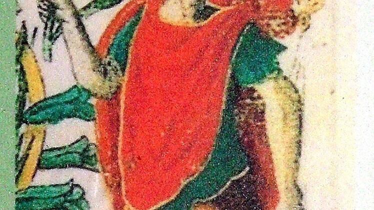 Das Titelbild des botanischen Buches "The Herball or Generall Historie of Plantes" von 1598 zeigt möglicherweise William Shakespeare mit einer Schachblume in der einen und einem Maiskolben in der anderen Hand. Foto/Repro: Julia Raab