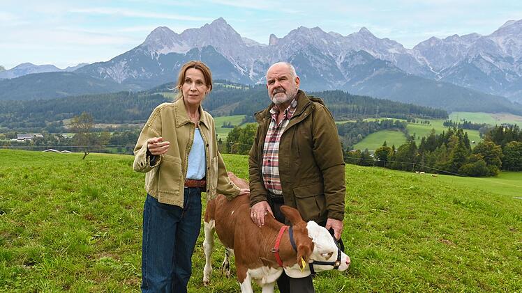 Um das verletzte Kalb Bella im Stall besser versorgen zu k&ouml;nnen, m&uuml;ssen Tier&auml;rztin Dr. Johanna Maiwald (Doris Schretzmayer) und Andreas Reindl (August Schm&ouml;lzer) auch die Mutterkuh von der Weide holen.