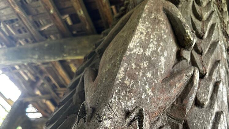 Das Volk der Iatmul ist ber&uuml;hmt f&uuml;r seine Holzschnitzerei. Das M&auml;nnerhaus des Dorfes Kanganamun ziert ein Leistenkrokodil, das im Sch&ouml;pfungsmythos eine gro&szlig;e Rolle spielt.