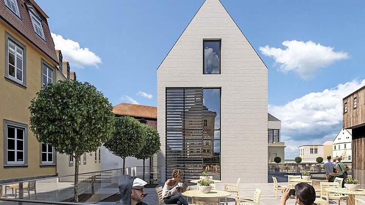Die Wiederbebauung der Unteren Mühlen könnte heuer schon beginnen, wenn der Bausenat zustimmt. Über dem künftigen Kraftwerk soll eine Terrasse zum Sitzen einladen.   Illustrationen: Architekturbüro Rosenberg