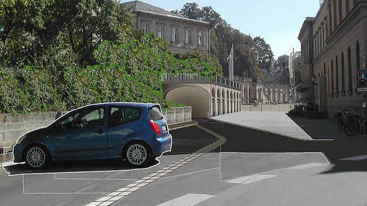So k&ouml;nnte eine st&auml;dtebaulich vertr&auml;gliche Zufahrt zur Schlossplatz-Tiefgarage aussehen: Zwischen IHK und Landestheater geht es an der jetzigen Garagenanlage hinunter zu den Parkpl&auml;tzen. Modell: R & T