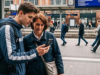 Ein junger Mann zeigt einer Frau mittleren Alters an einem Bahnhof etwas auf seinem Smartphone.